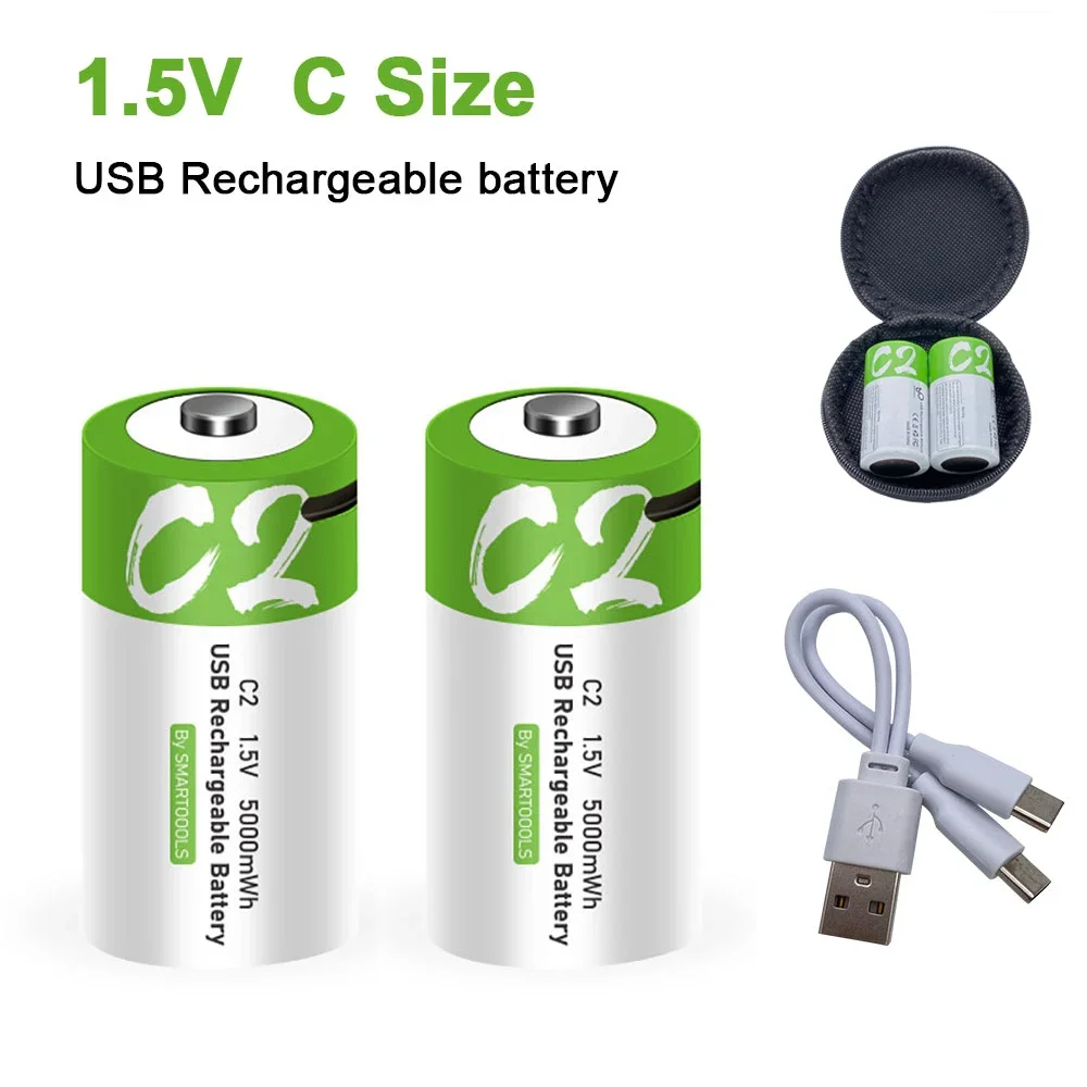 Batería de litio recargable para linterna de Radio, pila de 1,5 V, 5000mWh, LR14, tamaño C, C2, carga ultrarrápida