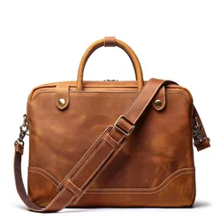 New Mens Portable Briefcase Head Layer Cowhide Sinle Shoulder Cross Casual 14 Inch Enuine Genuine Leather Bag Computer Commuting