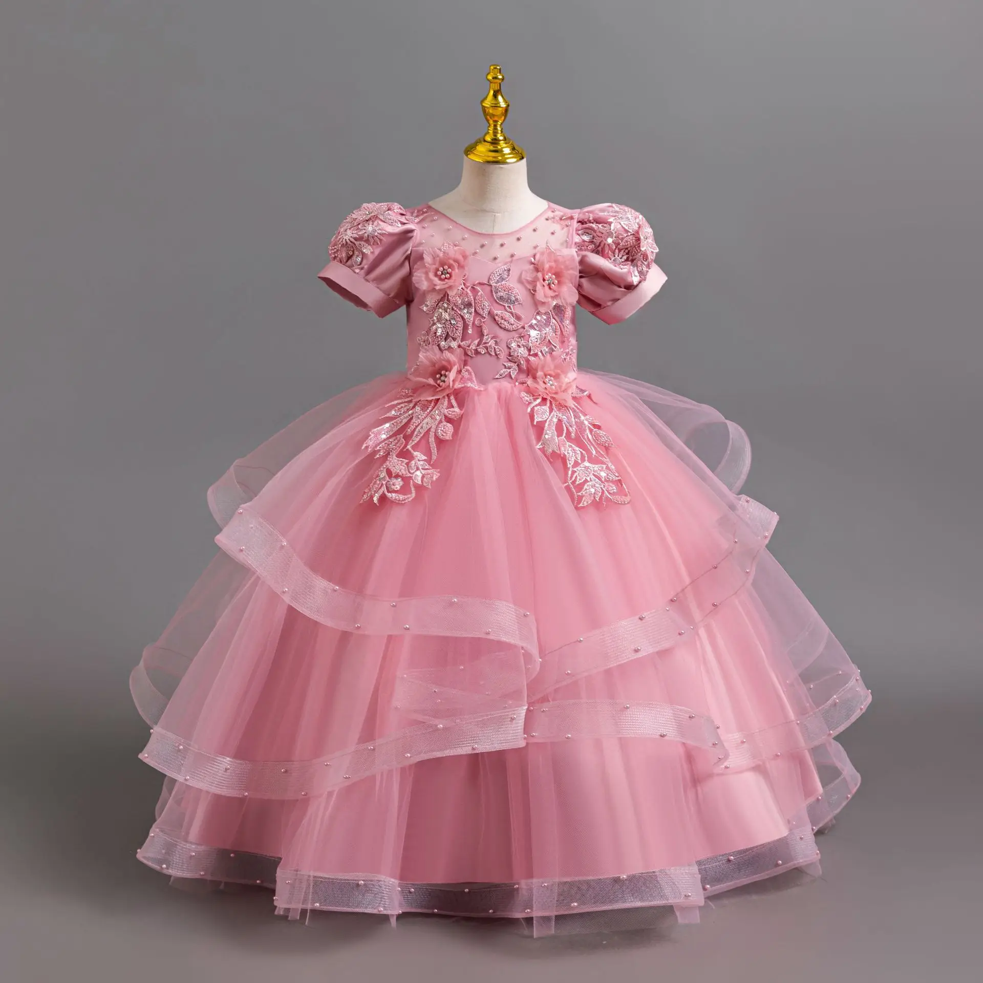New Girl Kids Stereo floral tulle Lace Birthday Party Dinner Dress Girl puffy Sleeve New Christmas Party Princess dress image 3