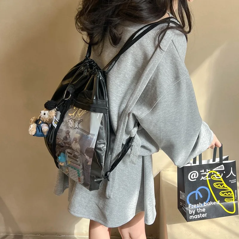 Casual backpack, fashionable drawstring, artistic and simple, student school bag, large capacity, lightweight, versatile for tra