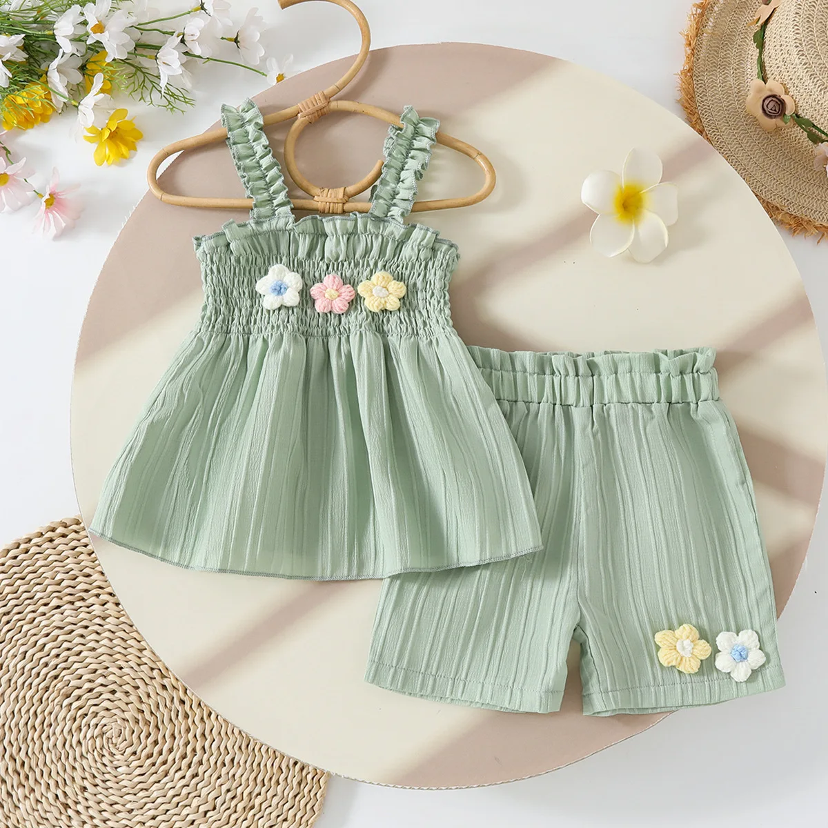 

Girls' Suit 2025 New Suspender with Flower Shorts Three-dimensional Flower Two-piece Suit