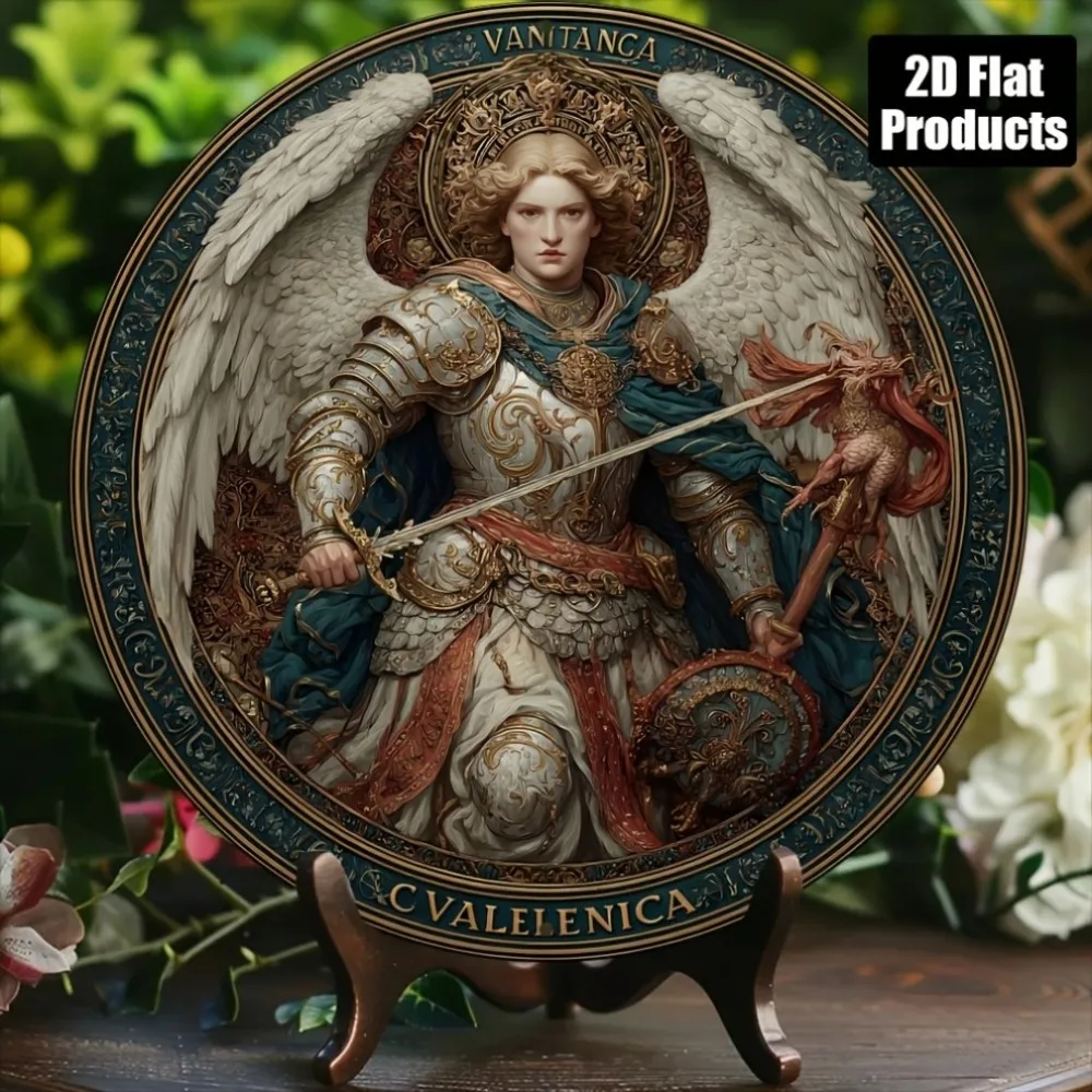 2D 8"x8" Retro-Engel-Krieger-Rundschild aus Aluminium – rustikale Wandkunst für Zuhause, Küche, Garten