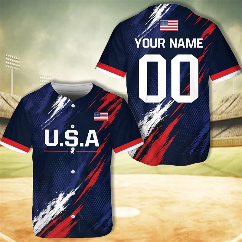 Personalized USA Baseball Jersey Custom Name Number Button Down Shirt for Men Patriotic Sports Gift