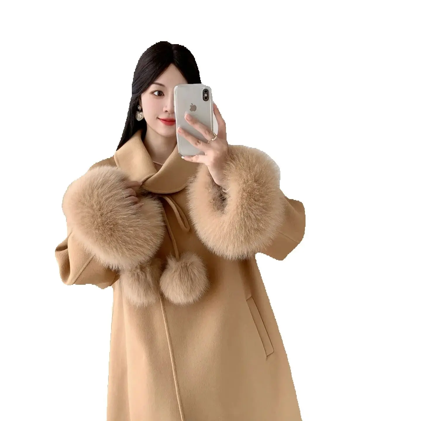 

Женское двустороннее шерстяное пальто из меха лисы цвета хаки, высококачественное шуба средней длины, молодежное