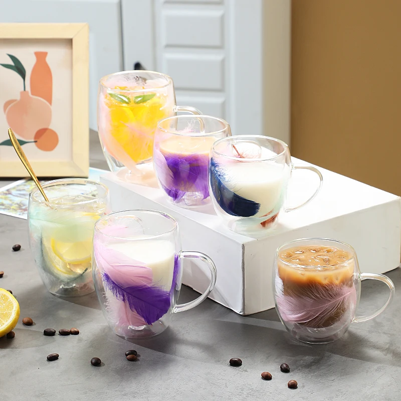 Transparent Feather Double-layer Glass Cup Creative Household Coffee Cup With Handle Heat-resistant And Cold-resistant Glass Cup image 2
