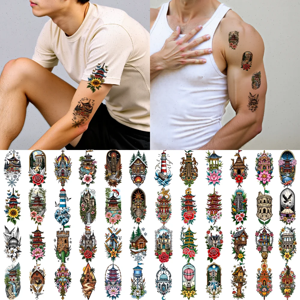 

28 шт., временный тату-домик, новая школа, традиционный замок Колизей, водонепроницаемые долговечные наклейки для тела, воздушный шар для