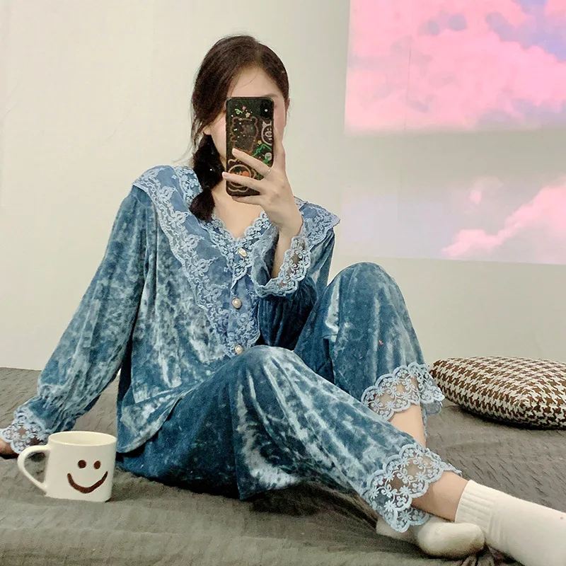 Velvet Pajamas Sleepwear Two Piece Set Autumn Winter Velour Nightwear Pijamas Suit Loose Sweet Lace Home Clothes Lounge Wear
