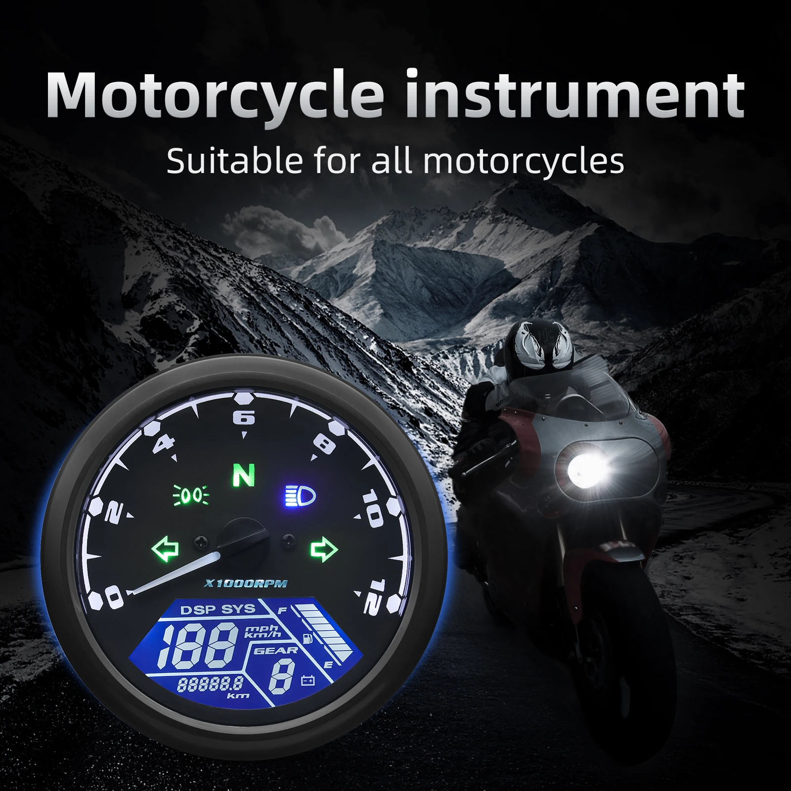 Universal Motorcycle Meter Speedometer Digital Odometer with Gear Indicator 12000kmh/mph Hour Meter Tachometer for Honda Yamaha