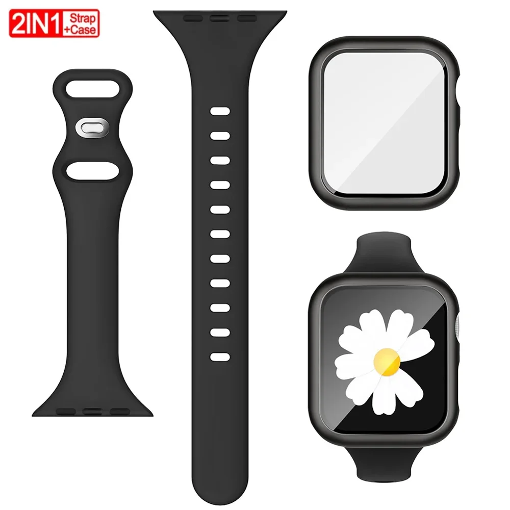 

Тонкий спортивный ремешок + стекло + чехол для ремешков Apple Watch 44 мм 40 мм 45 мм 41 мм 38 мм 42 мм Силиконовый браслет iWatch серии 8 9 7 6 5 4 3 SE