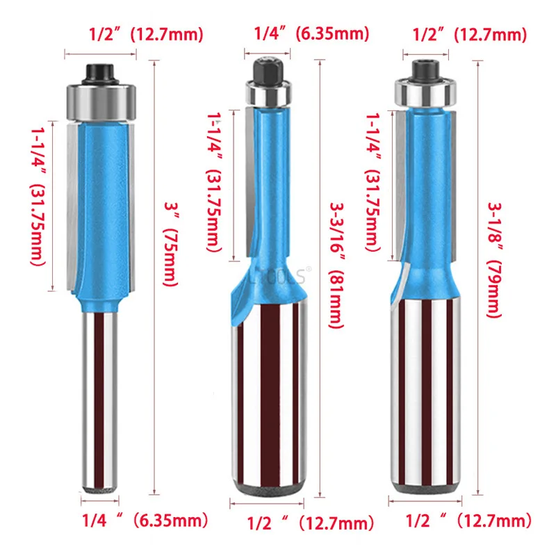 Shank Blade Flush Trim Router Bit With Bearing For Wood Template Pattern Bit Tungsten Carbide Woodworking Milling Cutting