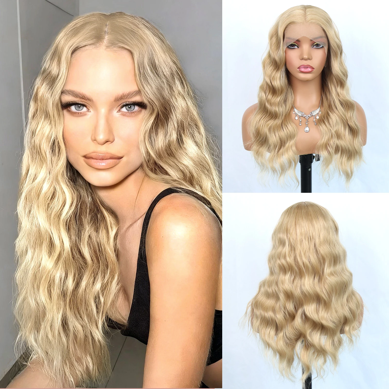 

Синтетический парик Aubree с кружевной передней частью для женщин, 22 дюйма, волнистые светлые волосы, парик с кружевной передней частью 13*4, без клея, термостойкий, предварительно выщипанный.