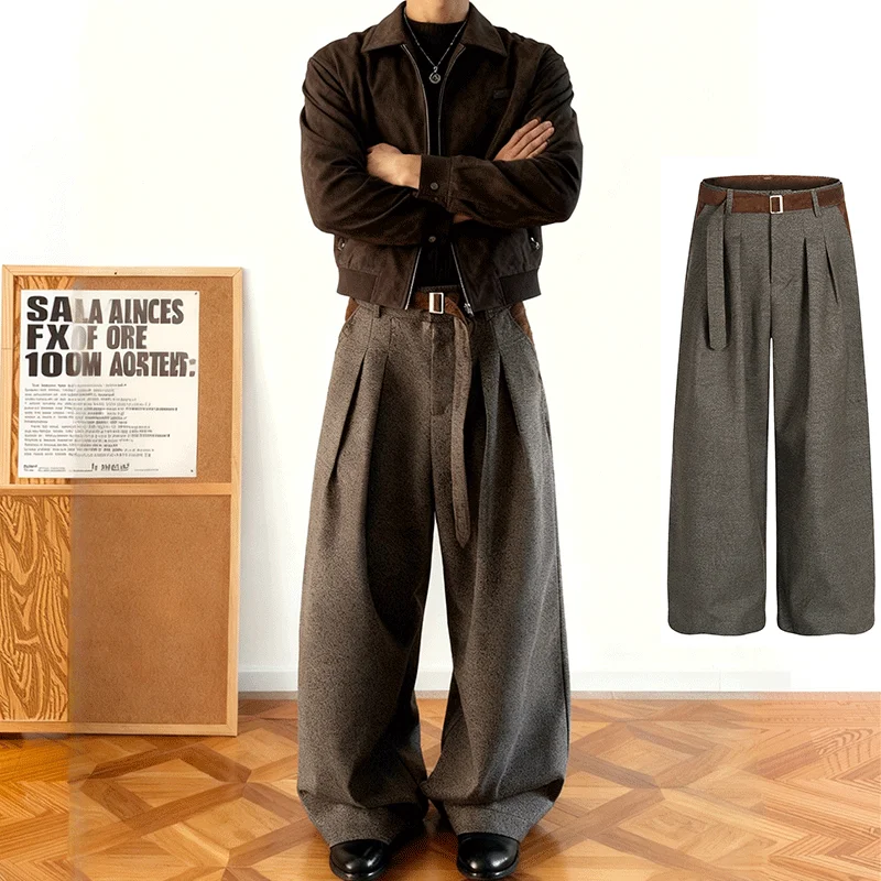 

Retro Men Woolen Trousers Suede Twill Pleated Straight Leg Pants Casual Loose Fit Mid Waist Zipper Closure Classic Preppy Style