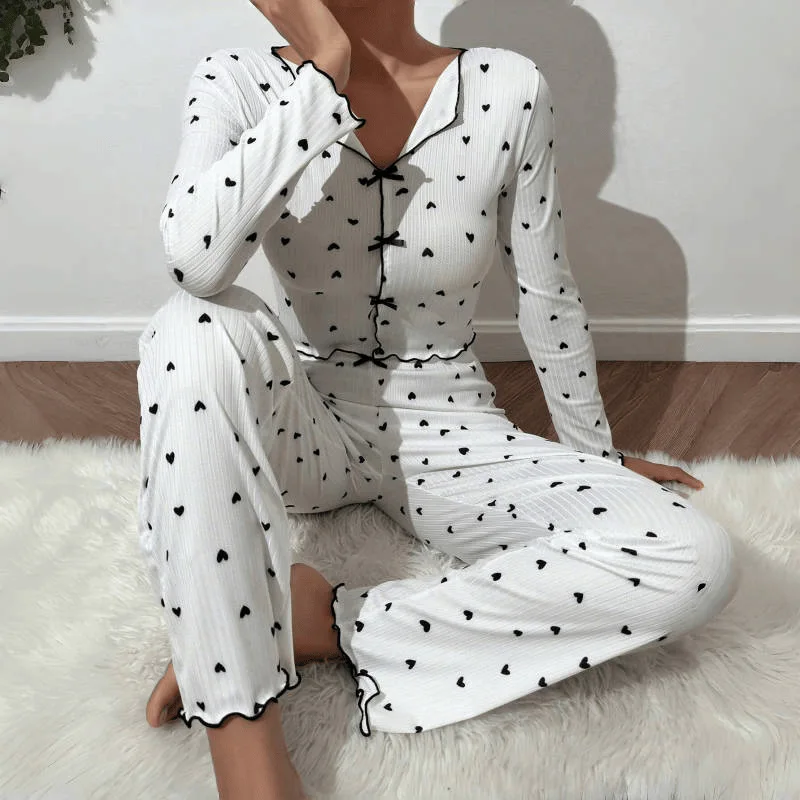 

Spring Autumn Pajama Set for Women Sleepwear Lace Trim Love Print Long Sleeve Top & Full-Length Pants Nightwear Loungewear