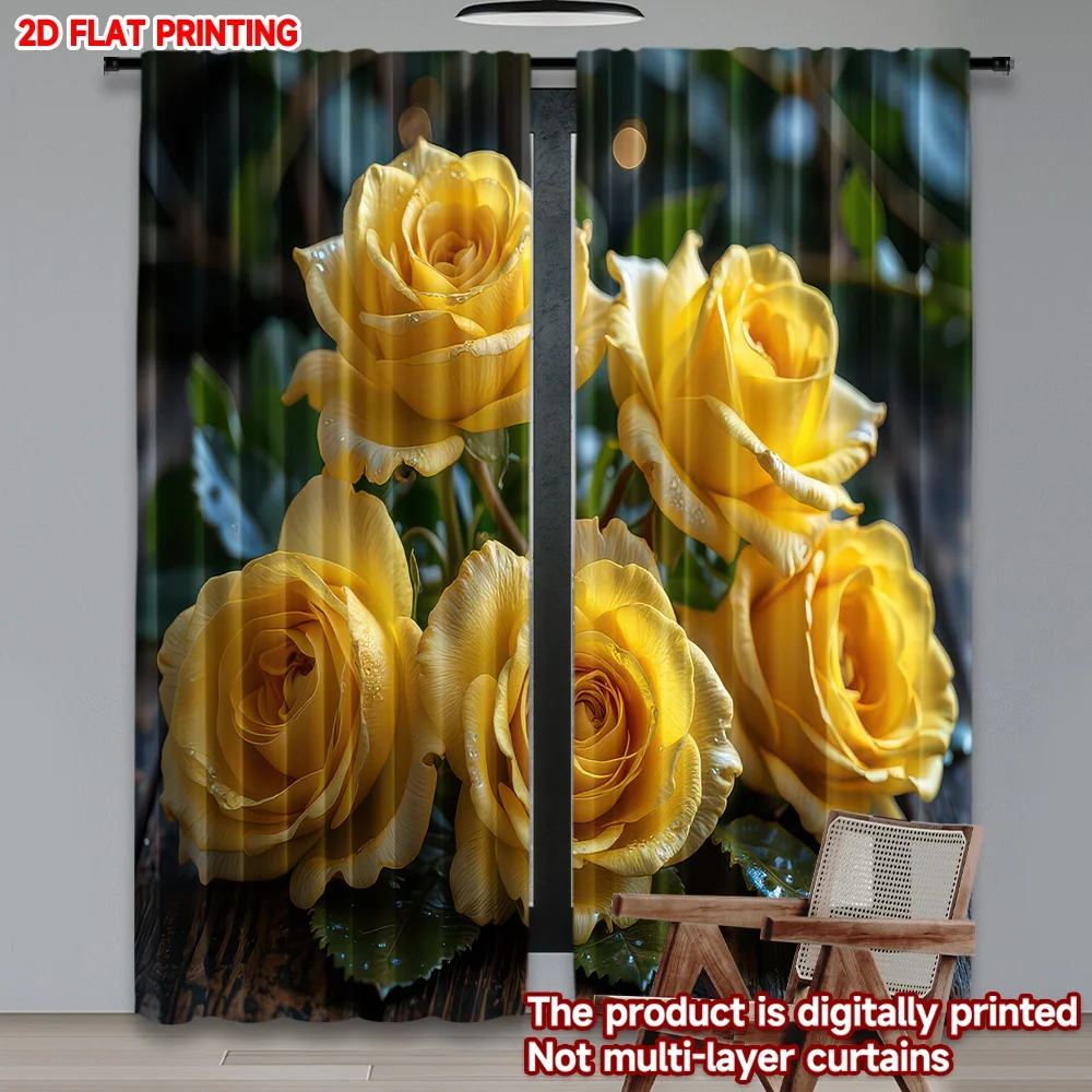 

2D flat printing 2pcs Drapes Yellow Roses Bouquet Digital Printed Polyester Drapes Birthday Party Perfect for Holiday Home Decor