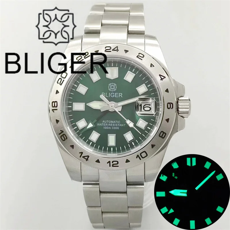 

BLIGER 40mm/43mm NH34GMT Watch For Men Black Blue Green Dial With C3 Green Luminous 24Hours Bezel Sapphire Glass Steel Strap