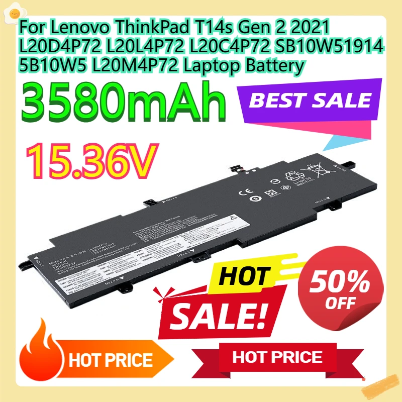 

Для Lenovo ThinkPad T14s Gen 2 2021 L20D4P72 L20L4P72 L20C4P72 SB10W51914 5B10W5 L20M4P72 Аккумулятор для ноутбука 15,36 В 3580 мАч