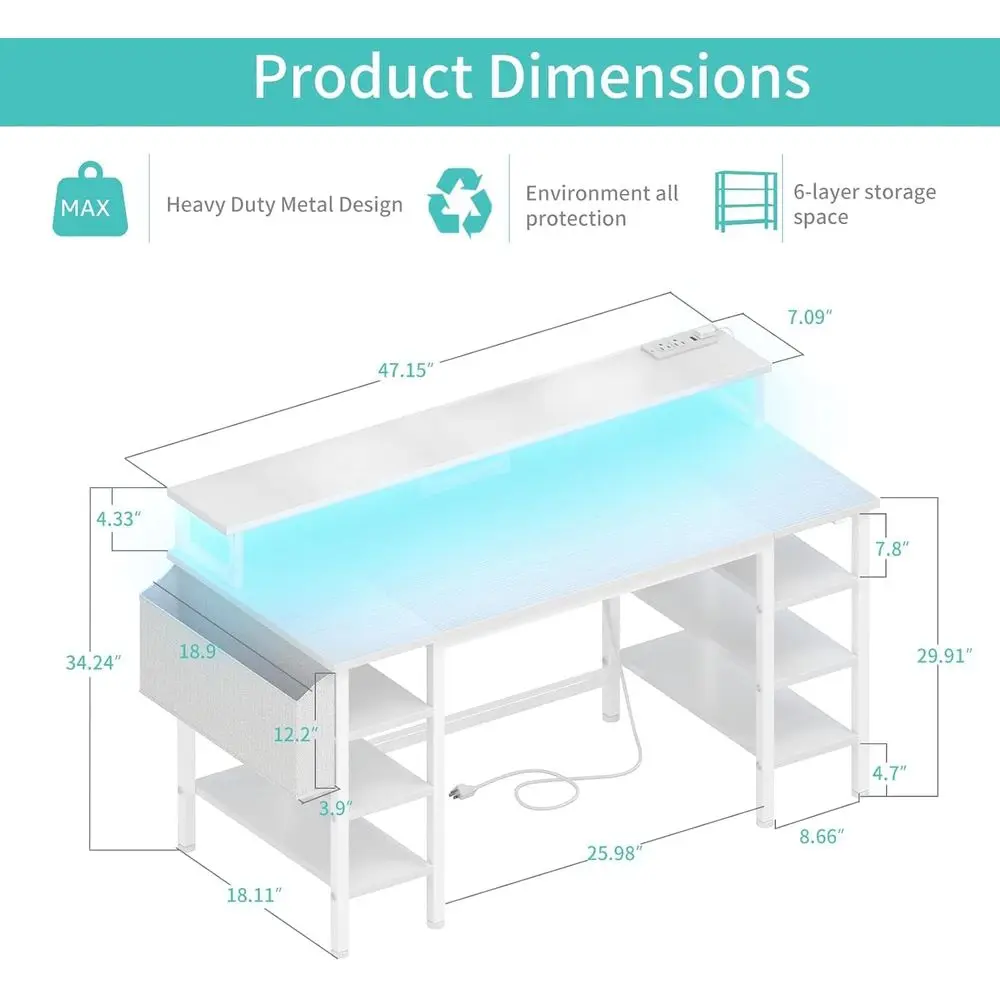 47 White Home Office Gaming Desk with Storage Shelves, LED Lights, and Power Outlets