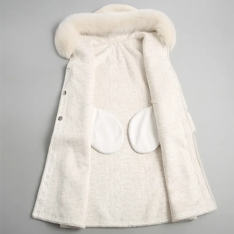 AYUNSUE Women's Fur Coat Real 울 Women 양 시어링 Fur Coat Warm 겨울 Jacket Natural Fox Fur 후드 KQN18113-1