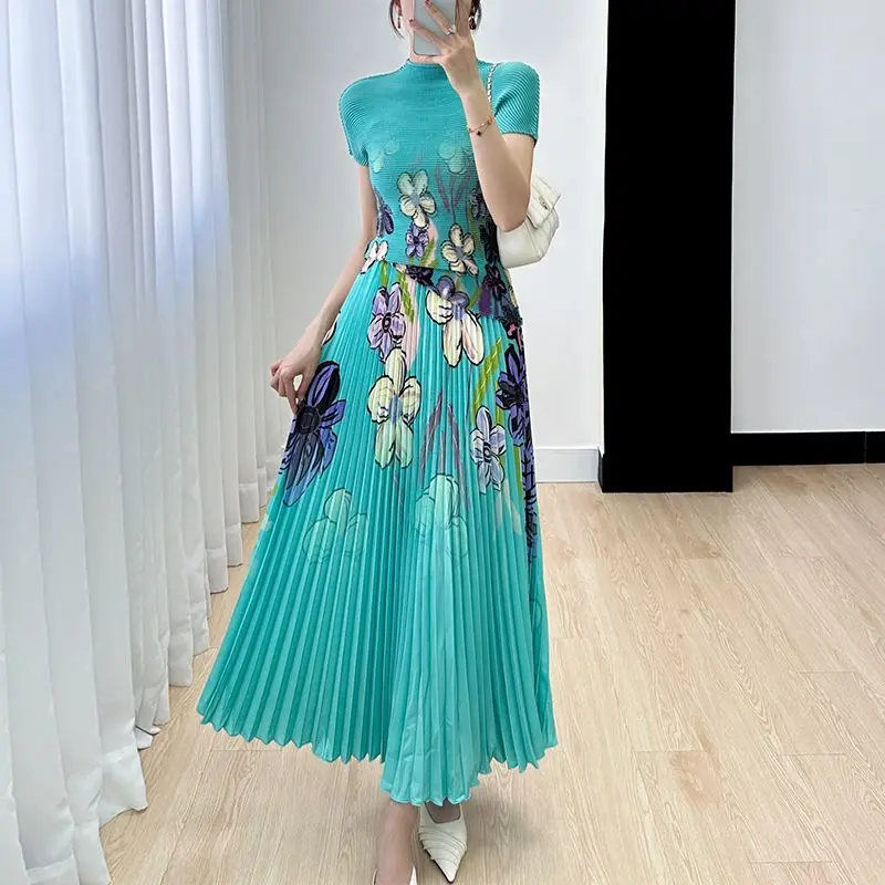 

Set Of Skirt Female 2023 Summer Print Top Set Fashion Short Sleeve T Shirt Pleated Half Dress Two Piece Set Of Shirt Female Tops