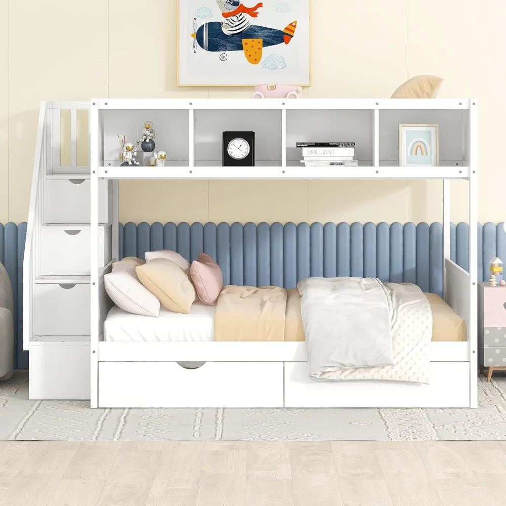 

Harper & Bright Designs Twin Over Full Bunk Bed with Storage Shelves, Stairs, Solid Wood Staiway Bunk Bed Frame with 2 Drawers,