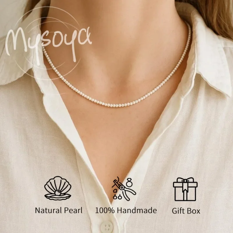 

MYSOYA White Freshwater Pearl Necklace 3-4mm With Gift Box, For Her/Him, Birthday/WeddIng/Anniversary/Christmas Gift