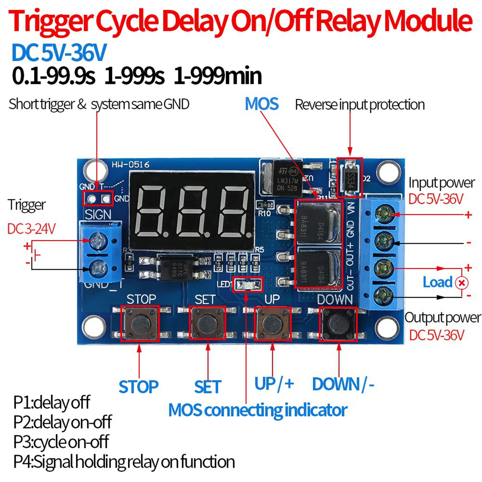 DC 5V-36V Trigger Cycle Delay Timer Switch Turn On Off Relay Module with LED Display Adjustable Timer Module