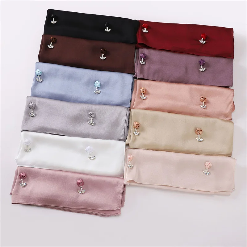 Plain Stitch Rose Floral Necklace Bubble Chiffon Hijab Shawl Lady High Quality Wrap Beach Bufandas Ramadan Islamic Muslim Sjaal
