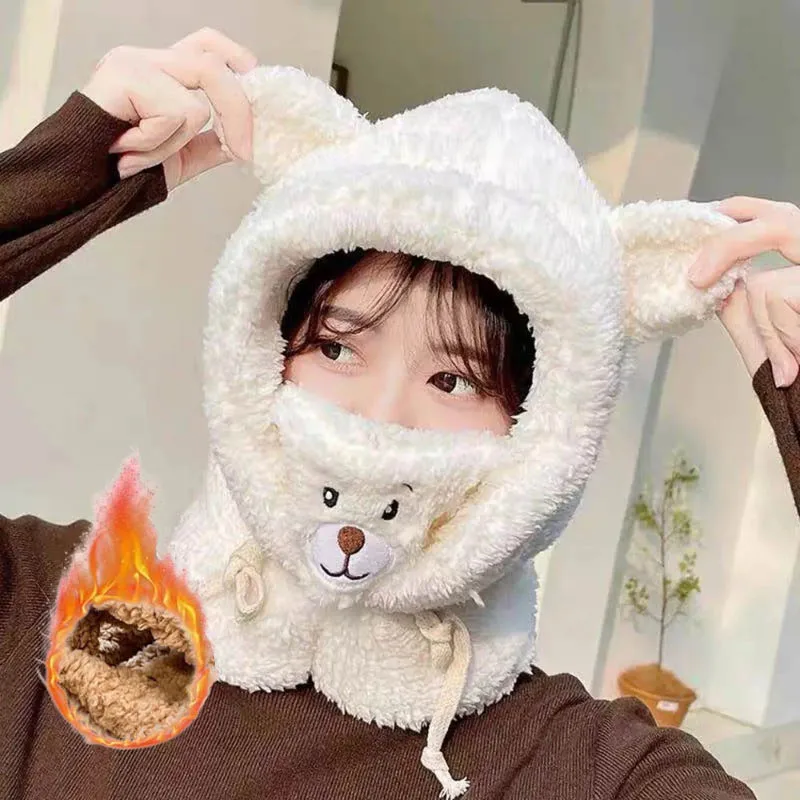 1-4PCS Luxury Faux Fur Hat with Warm Lining Integrated Scarf and Face Mask Windproof Winter Hood for Women Men Cold Weather