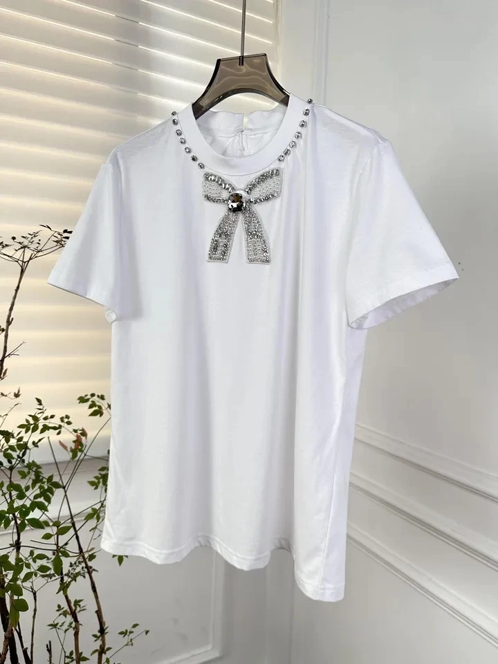 

2024SS Summer Fashion Women White Diamonds Bow Casual T-Shirt Ladies Chic Tee Tops