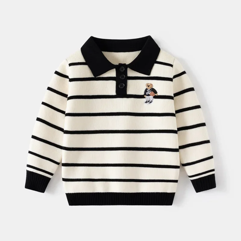 

Kids Fashion Top Boys POLO Collar Knit Sweater 2024 Autumn Winter New Children's Korean College Style Stripe Lapel Baby Pullover