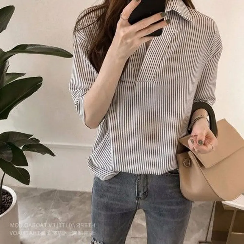 Office Lady Stylish Striped Blouse Spring Summer New 3/4 Sleeve Korean Loose Turn-down Collar Female Clothing Drawstring Shirt