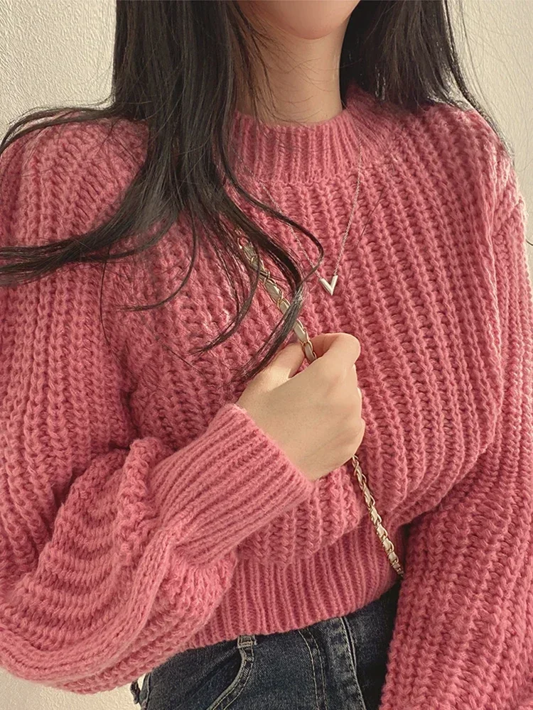 Pink Cropped Knitted Sweaters for Women 2024 Korean Fashion Loose Long Sleeve Jersey Woman Solid Color Wild Round Neck Pullover