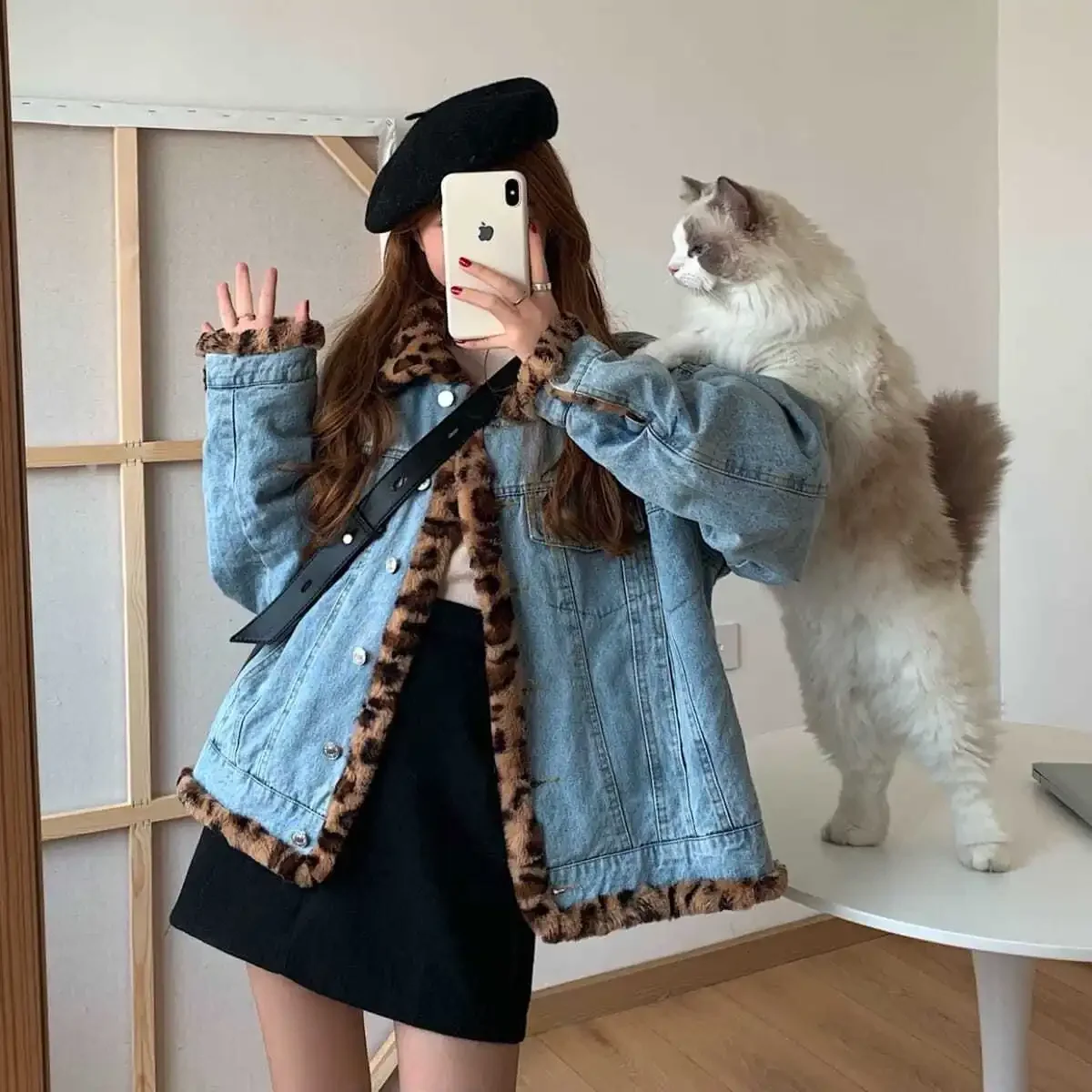 คู่สวมใส่เสือดาวพิมพ์ขนแกะ Denim Bomber Plus กำมะหยี่หนา Plush Mantel Jin Winter Parka เสื้อ2021