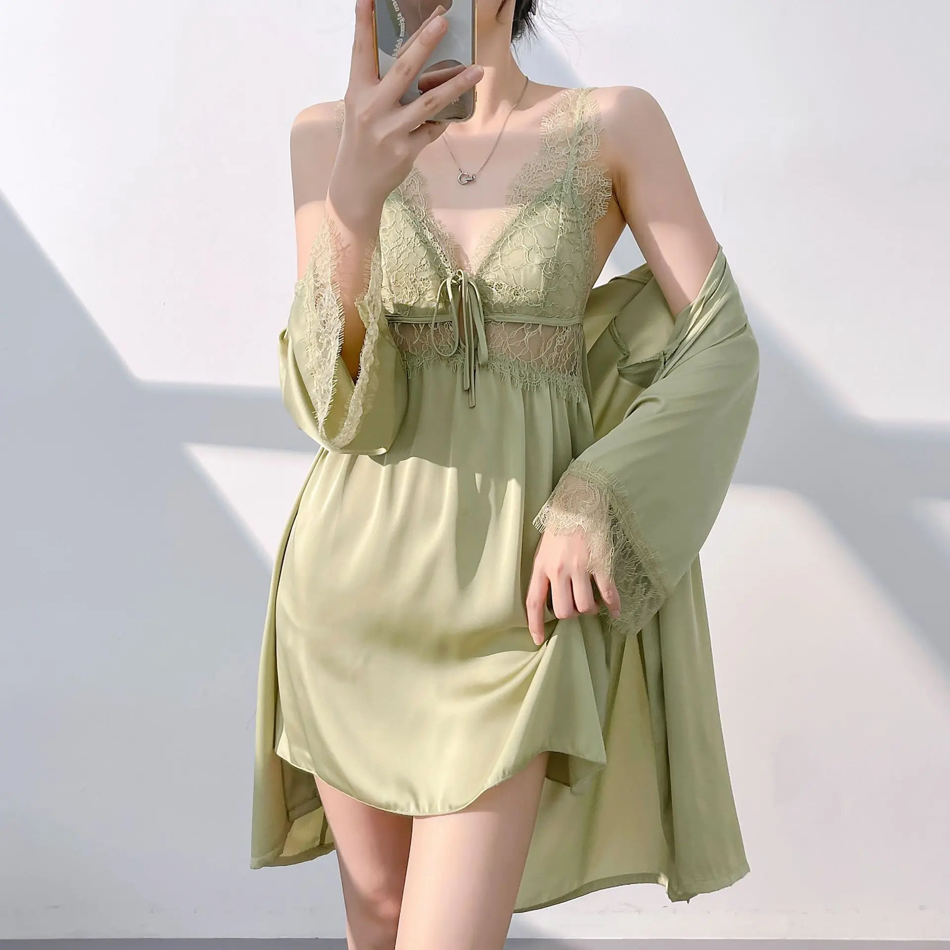 Twinset Robe ชุดเดรสชุดนอนหญิงชุดชั้นในลูกไม้ Hollow OUT เสื้อคลุมอาบน้ําชุดกิโมโนชุดฤดูร้อนชุดนอน