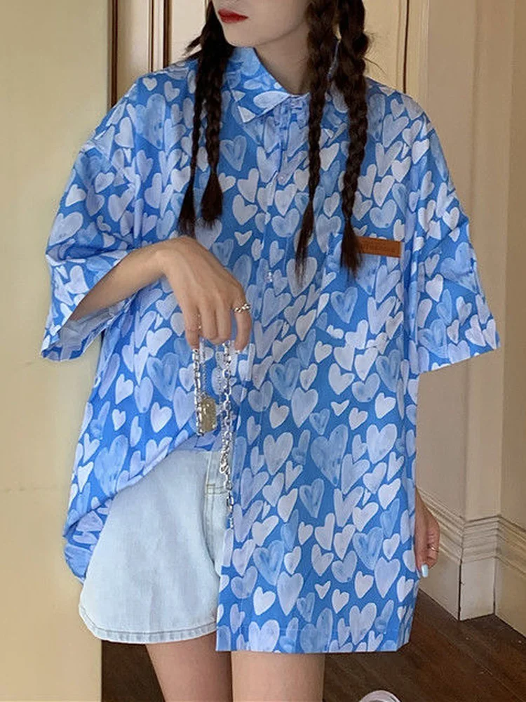 Deeptown Tuen Down Collar Short Sleeve Blouse Women Shirts Elegant Heart Love Print Autumn Casual Y2k Top 2023 Fashion New In
