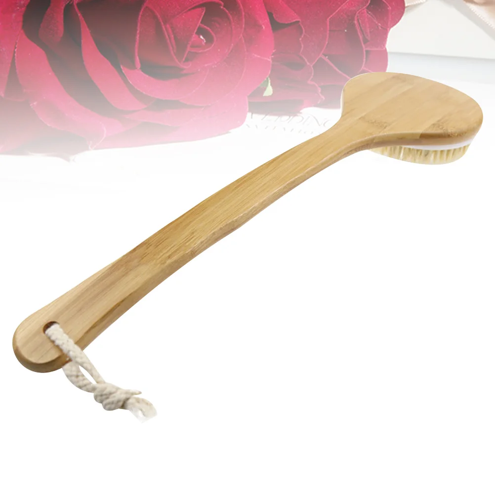 

Long Handle Bath Brush Bamboo Bristle Non-Slip Curved Design Exfoliating Massaging Shower Scrubber S Size Wall Mountable