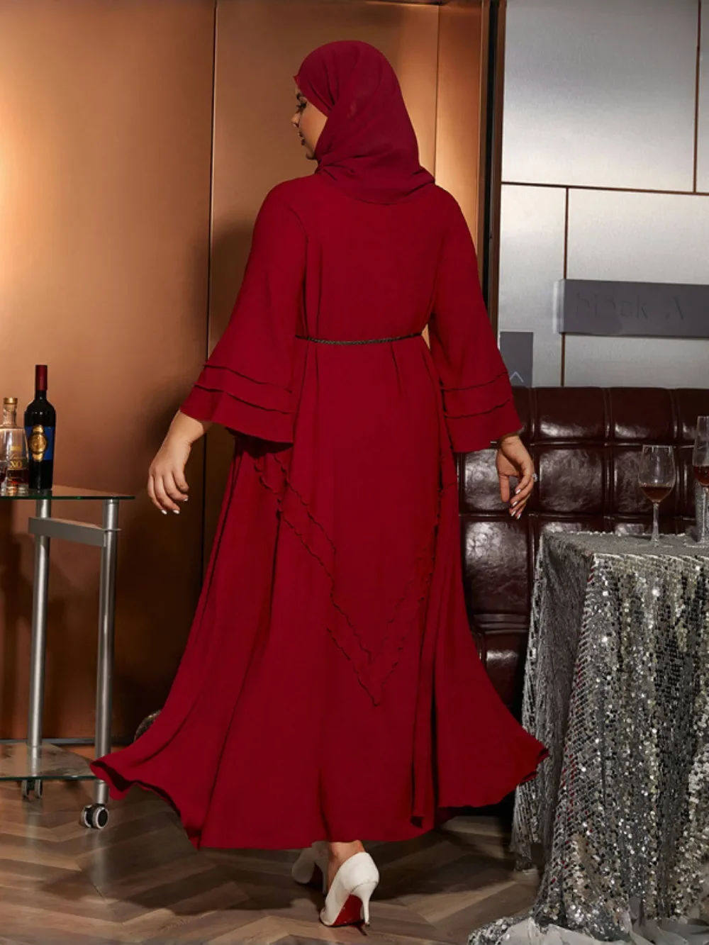 عباية نسائية للعيد مع وشاح فستان حجاب فساتين حمراء للحفلات الطويلة رداء قفطان إسلامي جلابية قفطان رمضان 2026 فيستدوس لارجوس #4