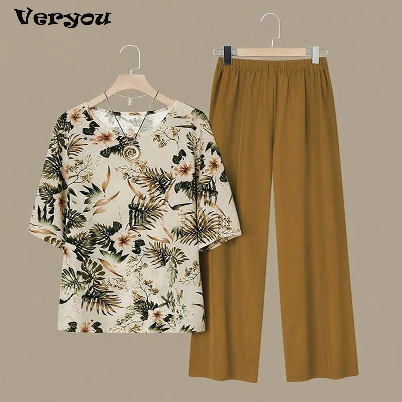 

Винтажный комплект из двух предметов с принтом, женские повседневные свободные футболки с цветочным узором и короткими рукавами, свободные брюки, костюм, женская одежда