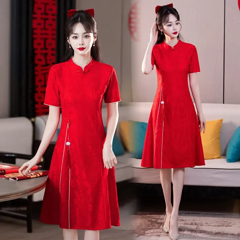 

Short Sleeve Red Cheongsam Chinese Qipao Dress Women's Clothing Modern Improved red evening dresses Plus Size