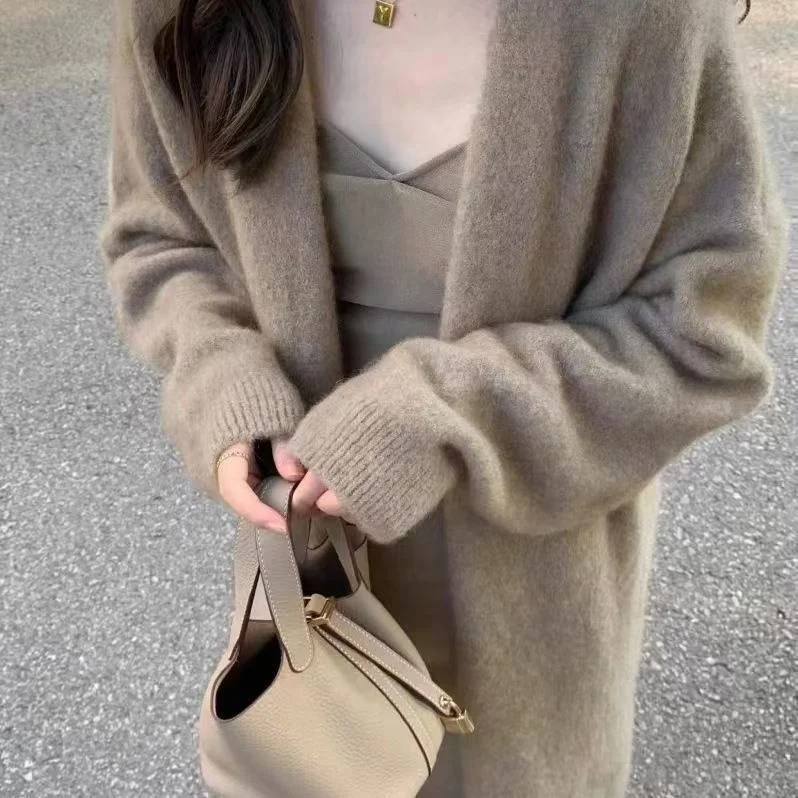 

Mid-Long Cardigans Ladies Womens Winter Comfy Chunky Fitted Knitshirts Candy-Color Trendy Mohair Solid Fringed Sleeveless Charm