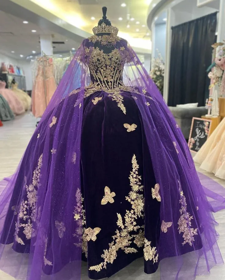 Purple Velvet Ball Gown Quinceanera Dresses with Cape Lace Applique Butterfly Sweet 16 vestidos de 15 quinceañera Lace Up Prom