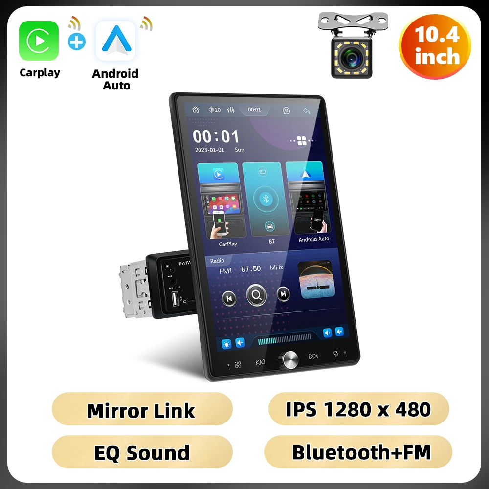 Podofo 1Din Multimedia Speler 10.4 ''IPS Touchscreen Autoradio CarPlay Android Auto EQ Mirror Link Bluetooth FM/RDS Autoradio - afbeelding 1