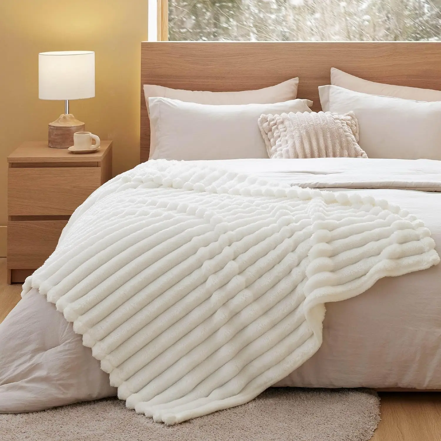 White Soft Blanket for Couch Super Soft Cozy Throw Blankets for Women Fleece Throws for Girls Wider Striped Design
