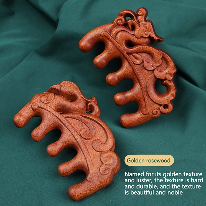 Portable Red Sandalwood Wide Tooth Comb Chinese Mascot Carving Scalp Relax Meridian Acupoint Massager Anti-static Hair Comb