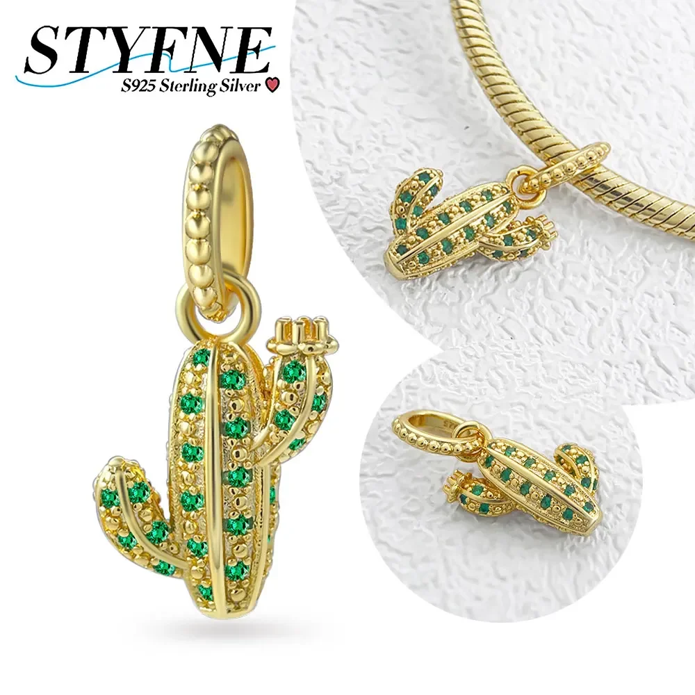 

925 Sterling Silver Plant Golden Cactus Original Beaded Charm Fit Bracelet Can Be DIY Fine Jewelry for Women's Gifts