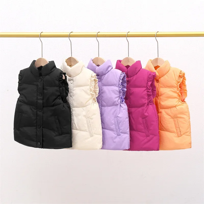 Fashion Warmth Baby Girls Puffer Vest Ruffle Sleeved Light Weight Child Waistcoat White Duck Down Children Outerwear 2-10 Years