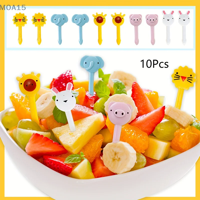 10Pcs Cartoon Animal Rabbit Lion Elephant Fruit Fork Children Cupcake Top Decoration Food Toothpicks Bento Box Accessories