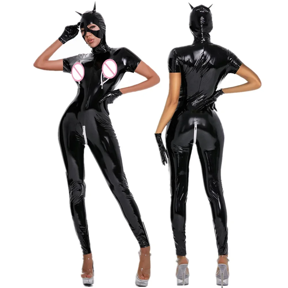 Damski seksowny kombinezon catsuit z zamkiem błyskawicznym, otwarty krok, błyszczący skórzany body, gorący porno, odkryte piersi, efekt mokrego lateksu, kombinezony z krótkim rękawem.