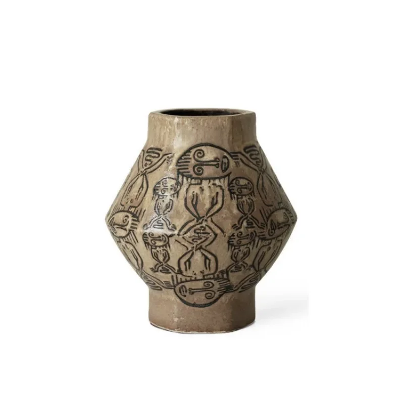 

Wabi-sabi retro hand-painted tribal totem vase, hotel, homestay, living room, entrance decoration, engraved art flower ware