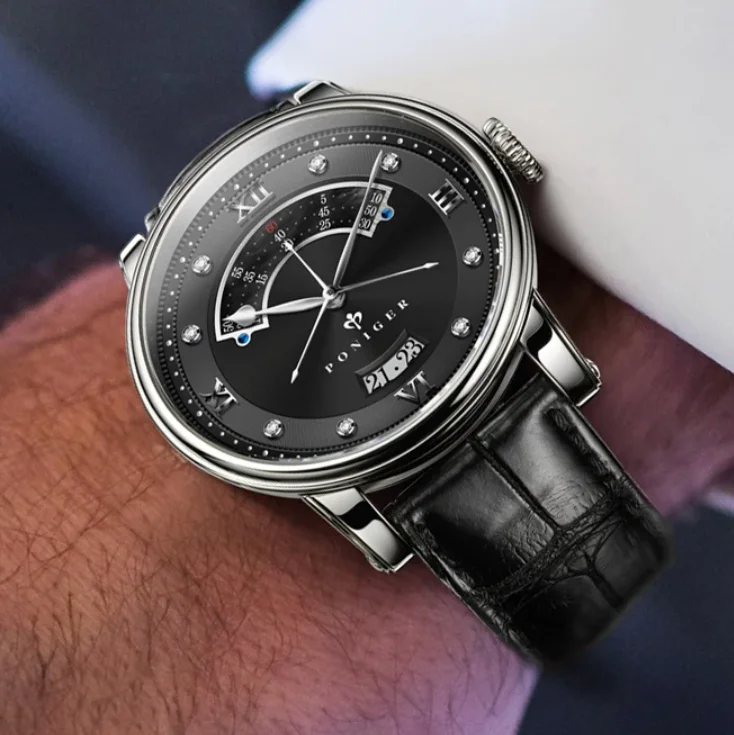 PONIGER Men Automatic Watch Luxury 42mm Mechanical Wristwatch 50M Waterproof Semi Circle Second MOP Dial Sapphire Mirror
